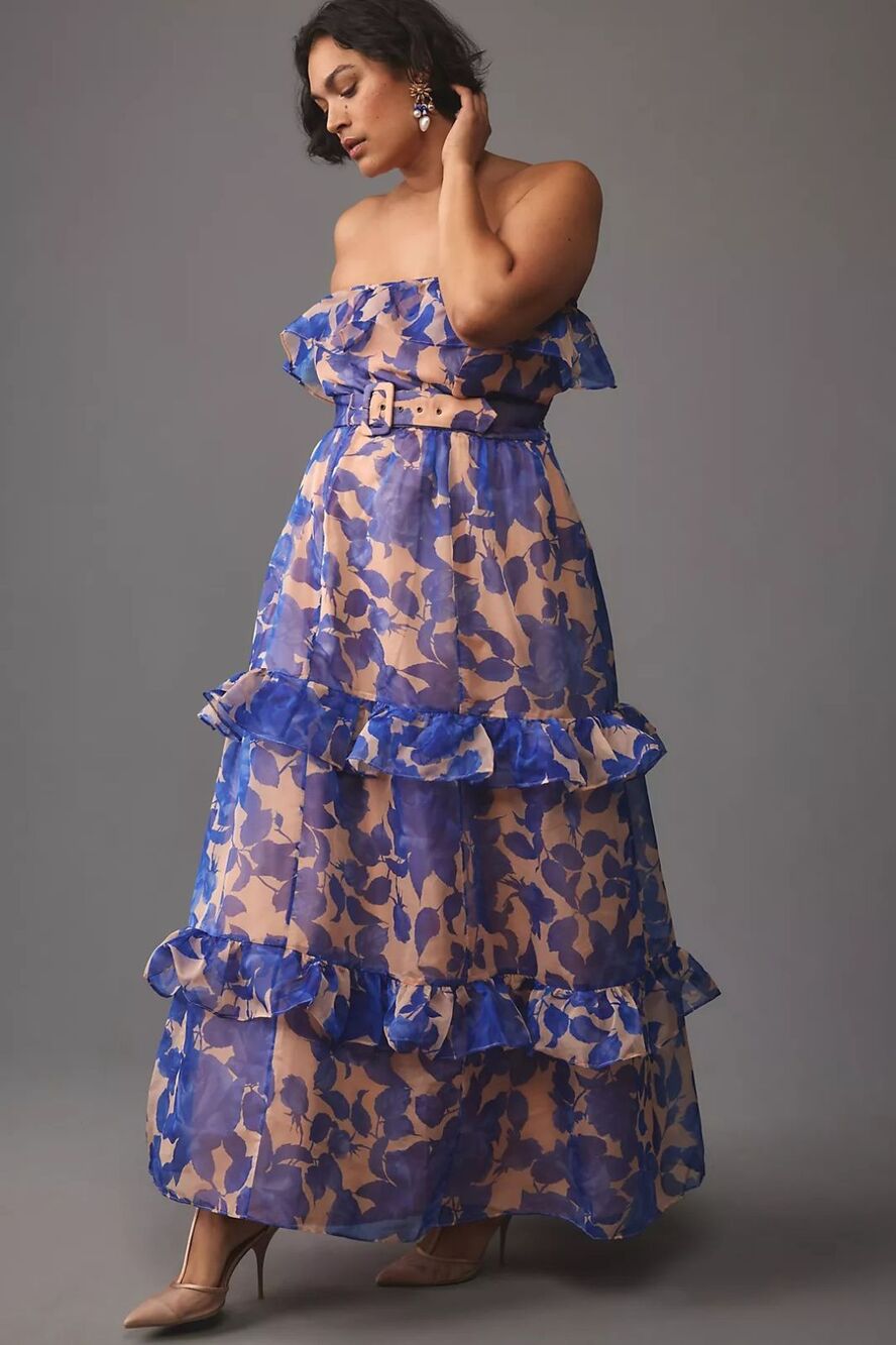 Anthropologie Strapless Tiered Maxi Dress Blue Floral 1X NO BELT, NEW - Picture 2 of 5